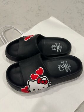 Hello Kitty Black Slide Sandals with Red Heart Accents